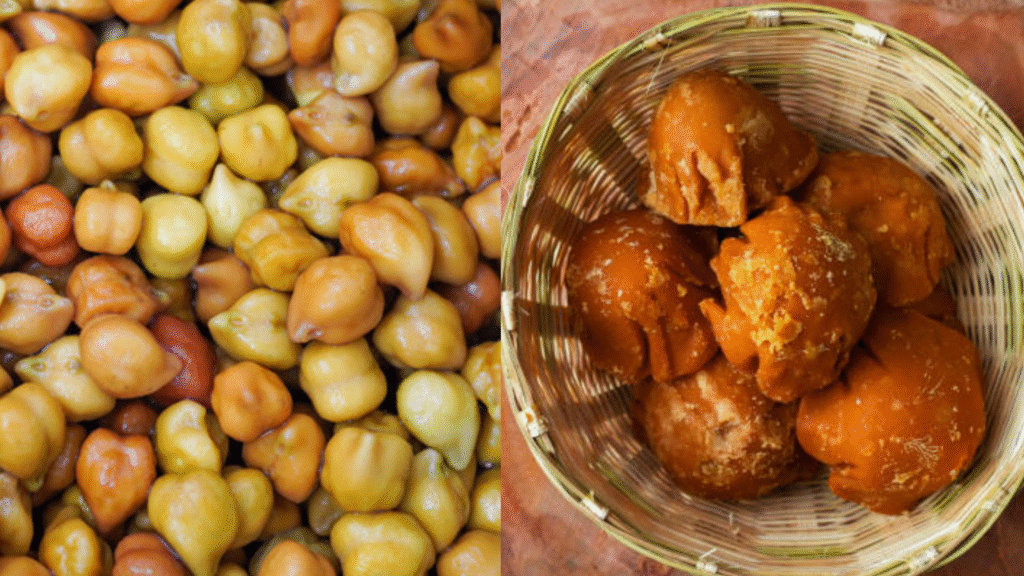 चना और गुड़ चित्र दिखाया गया है,